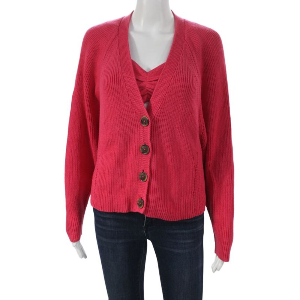 Cotton By Autumn Cashmere Women Sweater Set Pink V-Neck Long Sleeve Size S